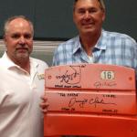 Dwight Clark and NSD President Rob Hemphill with Candlestick Park Seatbacks